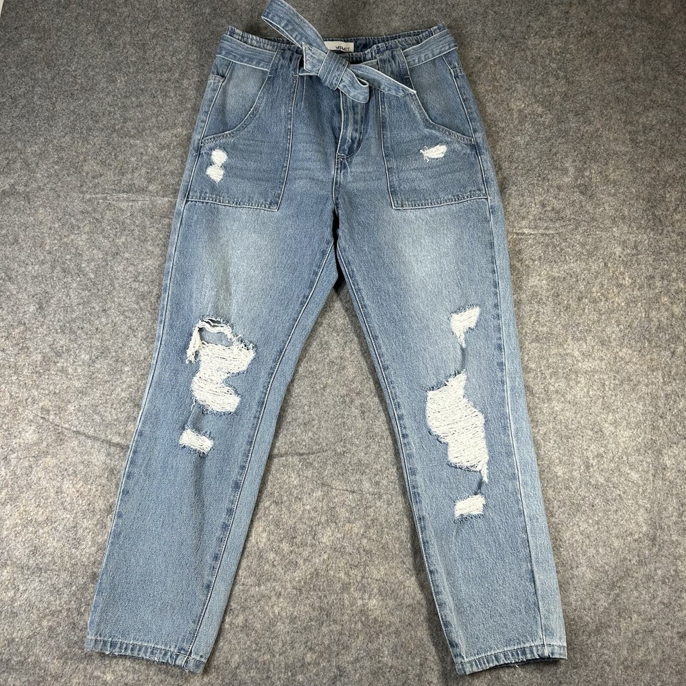 Vervet Jeans Womens 29 Audrey Light Wash Denim Belted Distressed Tapered Leg